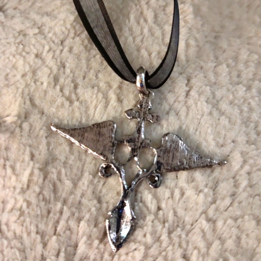 Handmade Ribbon Necklace with Vintage Gothic Angel Cross Pendant - Picture 2 of 3